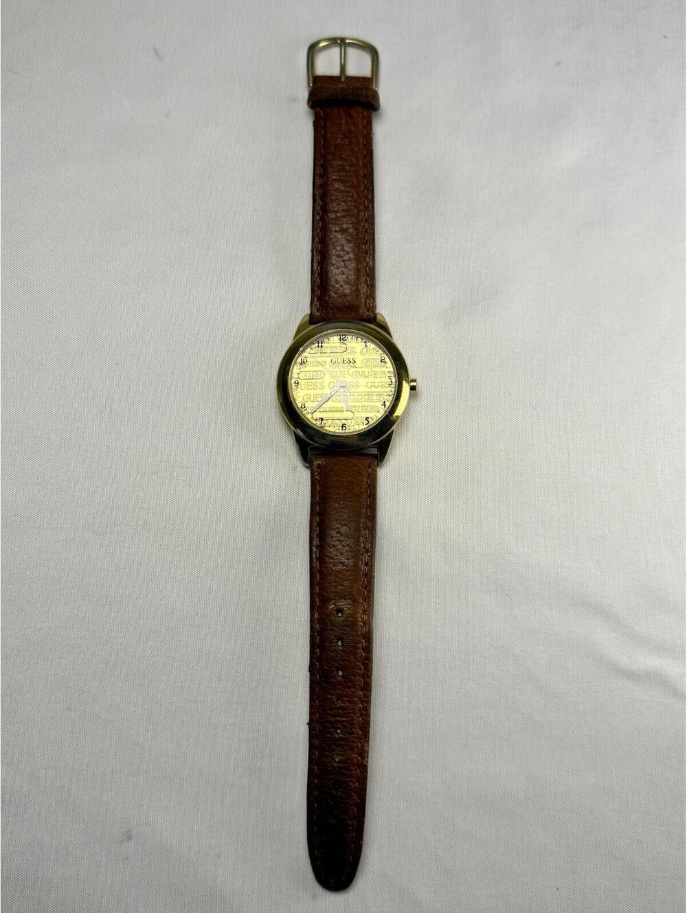 GUESS Vintage VTG Women’s Watch Gold Dial Brown Leather Band Loose Back Plate - Picture 2 of 4
